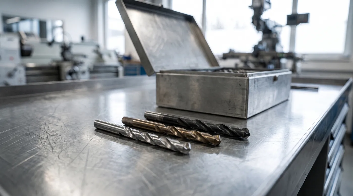 Brocas de HSS, cobalto y carburo para metal, una junto a otra sobre un banco de taller