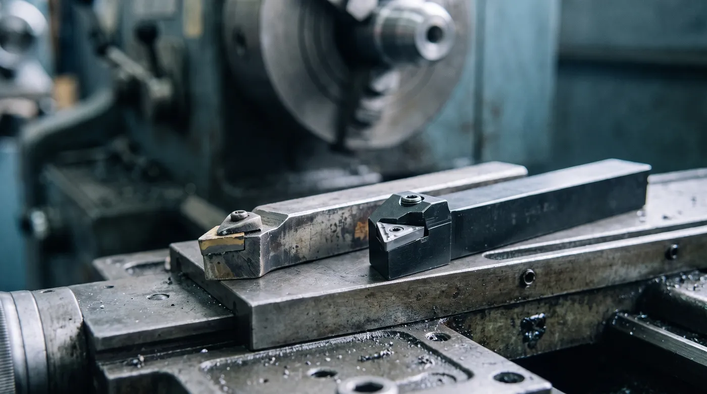 Comparación entre un buril de carburo soldado y un portaherramientas con inserto intercambiable para torno CNC