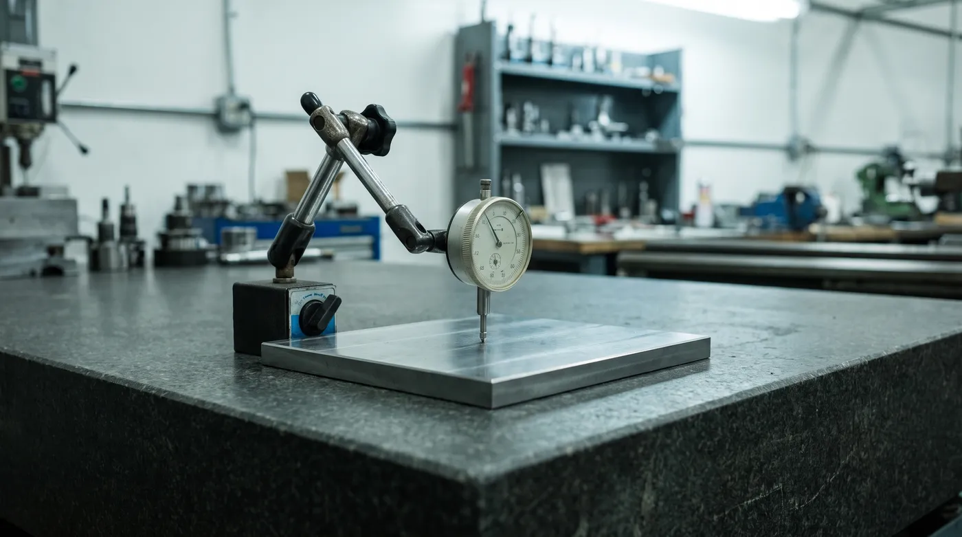 Reloj comparador tipo palanca montado con base magnética sobre carro de torno CNC midiendo concentricidad