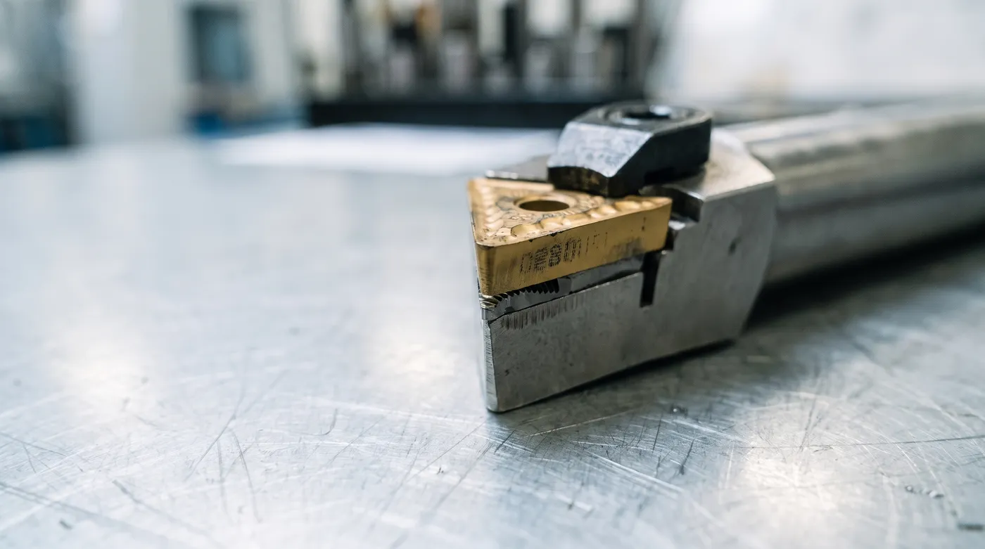 Primer plano de un inserto de carburo con el código de designación ISO grabado en la cara, sobre un torno CNC en un taller mexicano