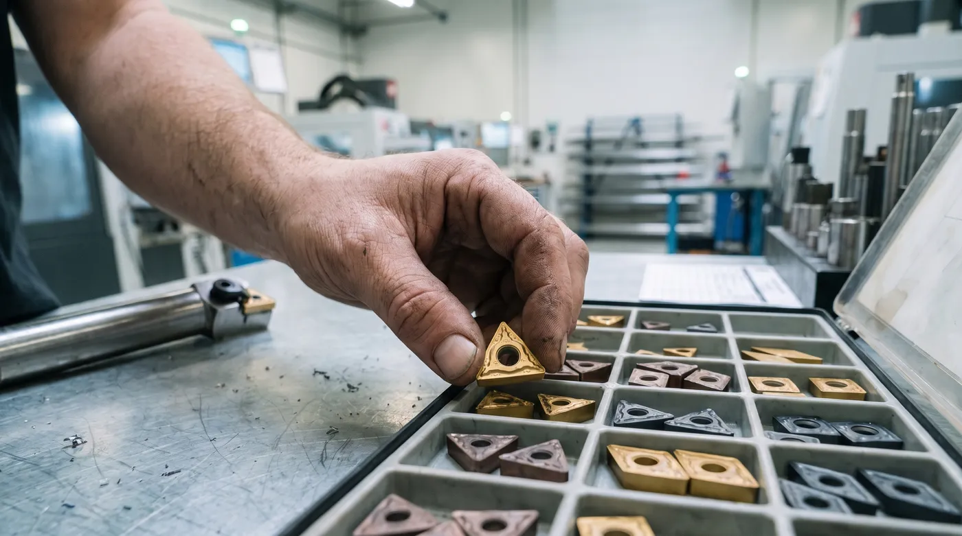 Técnico mexicano de maquinado seleccionando insertos de carburo de distintas formas de un juego de portainsertos en un taller CNC