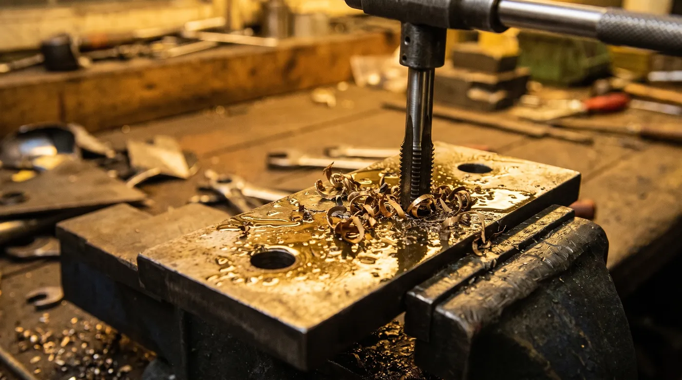 Técnico mexicano machuelando a mano con maneral en taller industrial